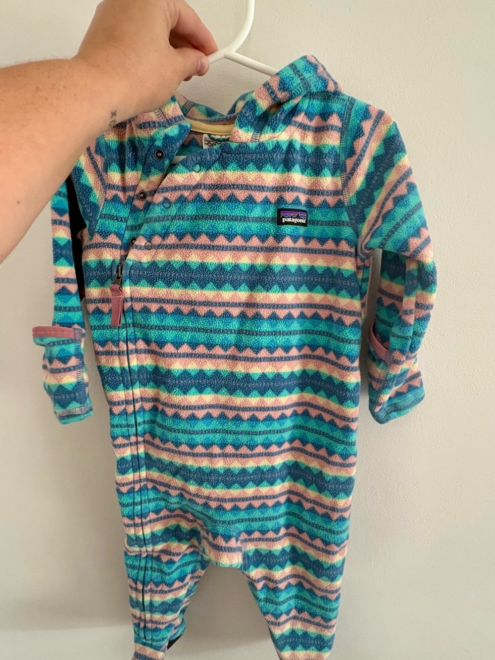 Patagonia Teal & Pink Geometric Fleece One-Piece 6-12 Months